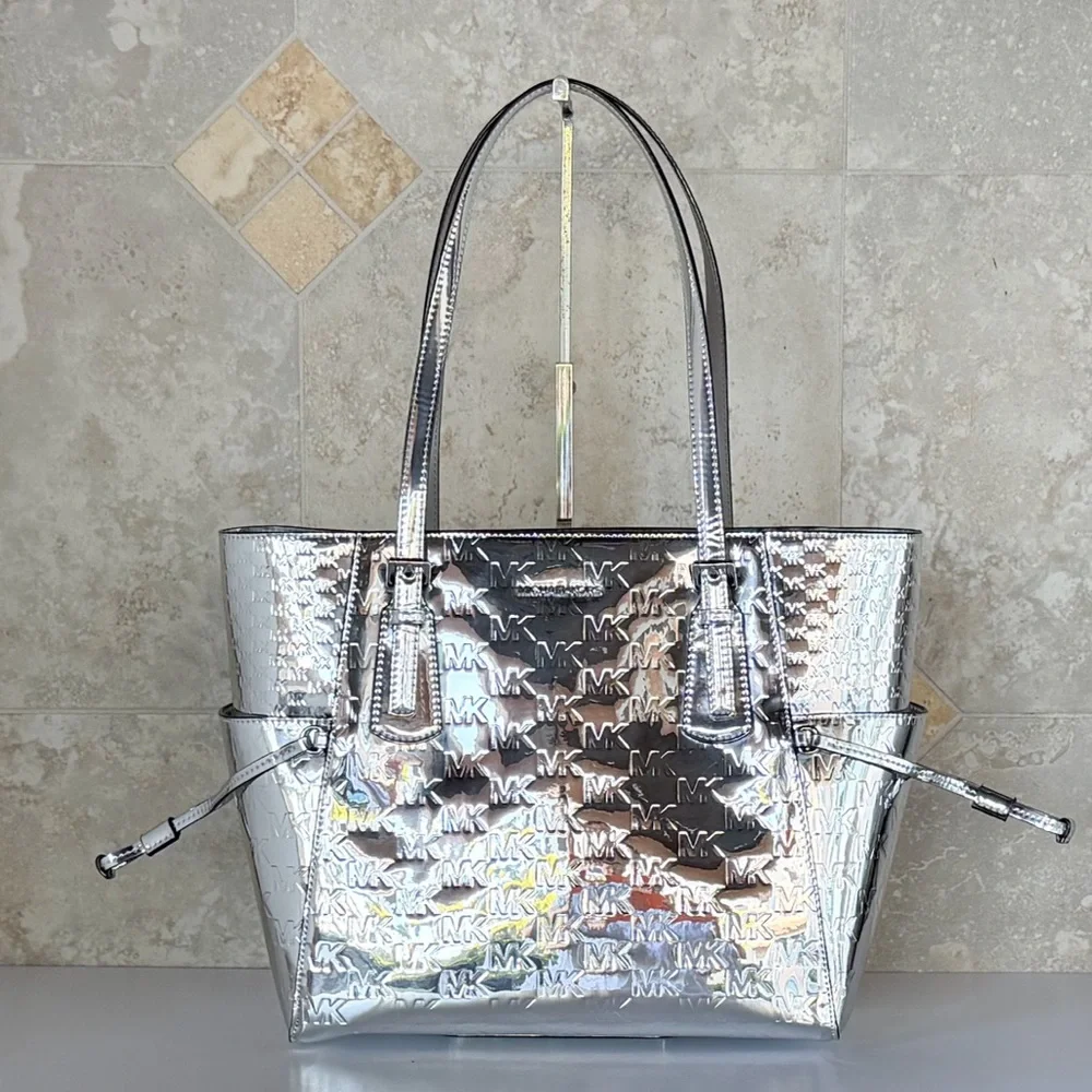 Michael Kors Voyager LG Mirror Metallic Tote Bag MK Silver